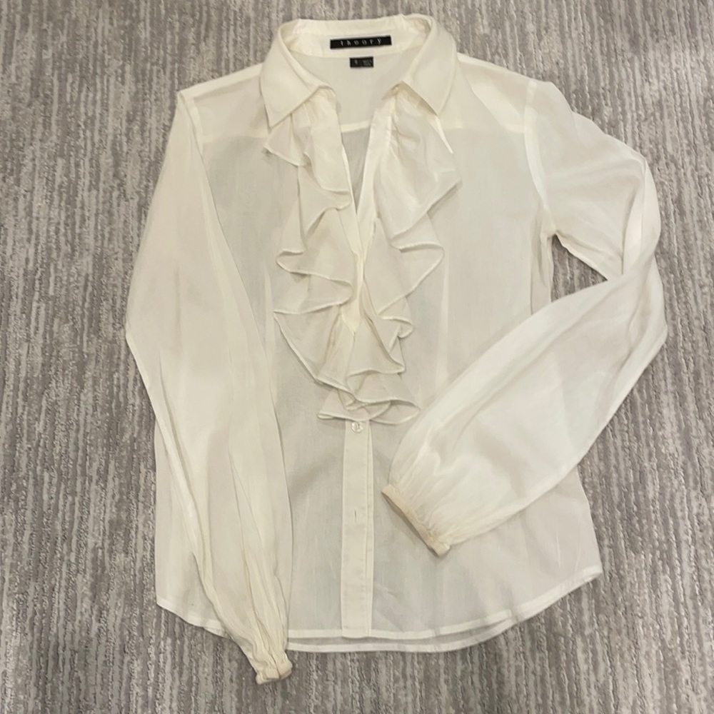 Theory sheer ruffle front button down shirt
